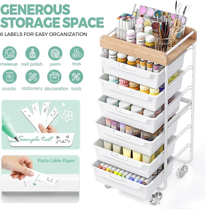 6 Drawer Rolling Cart for Craft Storage, Utility Drawer Organizer - Image 5