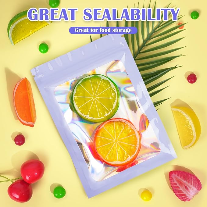 JETMORE 100 Pcs Mylar Bags, Smell Proof Bags Foil Pouch, Holographic Resealable - Image 3
