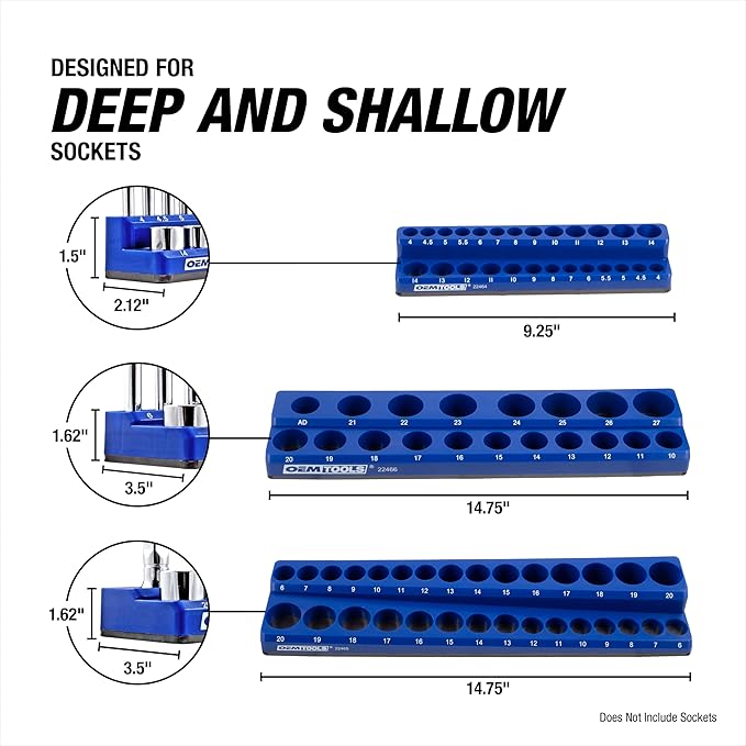 OEMTOOLS 22461 6 Pack Set Metric and SAE Magnetic Socket Tray Set, Green and Blue Socket Organizers, 1/4, 3/8, 1/2 Inch Drive Socket Organizer Tray Set