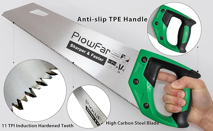 14 inch Hand Saw 11TPI Pro Fine Cut for Wood, Plastic Pipes, Drywall, Trees Trimming & Pruning, Sharp for Woodworking, Green