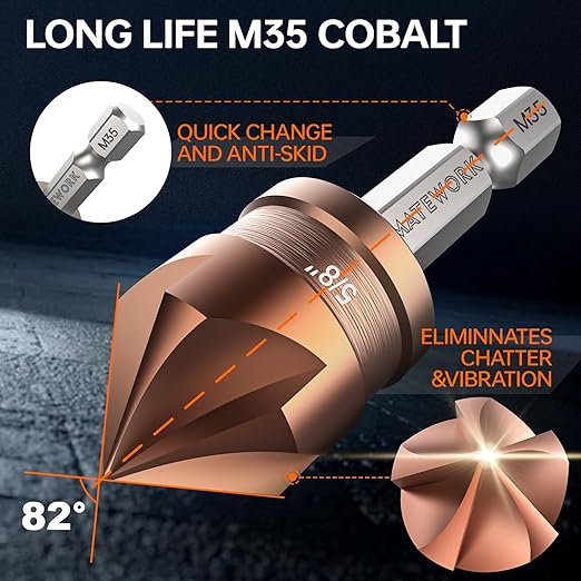 Countersink Drill Bit Set, M35 Cobalt HSS Countersink Drill Bits 6 Pieces 1/4 Inch Quick Change Hex Shank for Metal, Wood, Stainless Steel, Carbon Steel