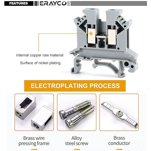 Erayco UK2.5B-GR DIN Rail Terminal Block, Screw Clamp, 600V 20A 24-12AWG, Pack of 100
