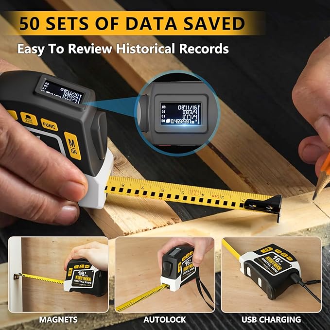 Alloyman 2-in-1 Digital Tape Measure, 16Ft Length, 6 Unit Options, 4 Measuring Modes, Stores 50 Records, Auto Lock with Magnetic Hook, Waterproof & Drop-Resistant