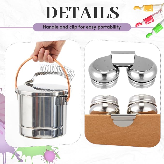 2 Pcs Paint Brush Cleaner Set Stainless Steel Double Dipper Palette Cup Paint - Image 3