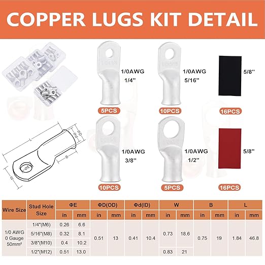 62PCS 1/0 AWG Tinned Ring Terminal Heat Shrink Tubing Set Copper Wire Lugs 0 Gauge 5/16", 3/8", 1/4", 1/2", 30Pcs Battery Cable Ends and 32PCS Heat Shrink Tubing