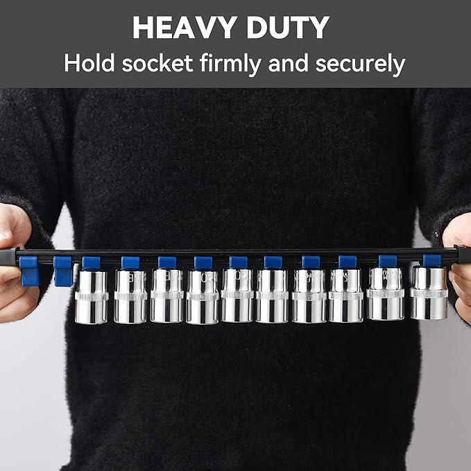 ALOANES 6 PC Socket Organizer - ABS Socket Racks, 1/2 -, 3/8 - & 1/4 inch Drive Rail Holders, Heavy Duty, Black Rails with Red & Blue Clips