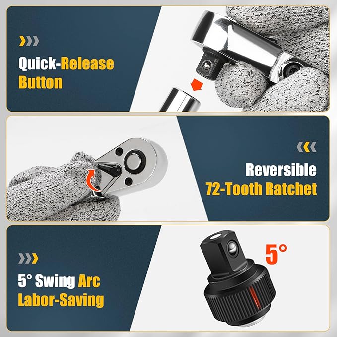 3/8" Drive Flex Head Ratchet, 72 Tooth Swivel Head Ratchet, Quick-Release, CR-V Steel, Flexible Ratchet Wrench with EVA Foam | 10 Inch Long