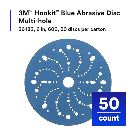 3M Hookit Blue Abrasive Discs 36183, Multi-Hole, Blend Preparation, Paint Preparation, 6 in, 600 Grade, 50 Discs/Carton