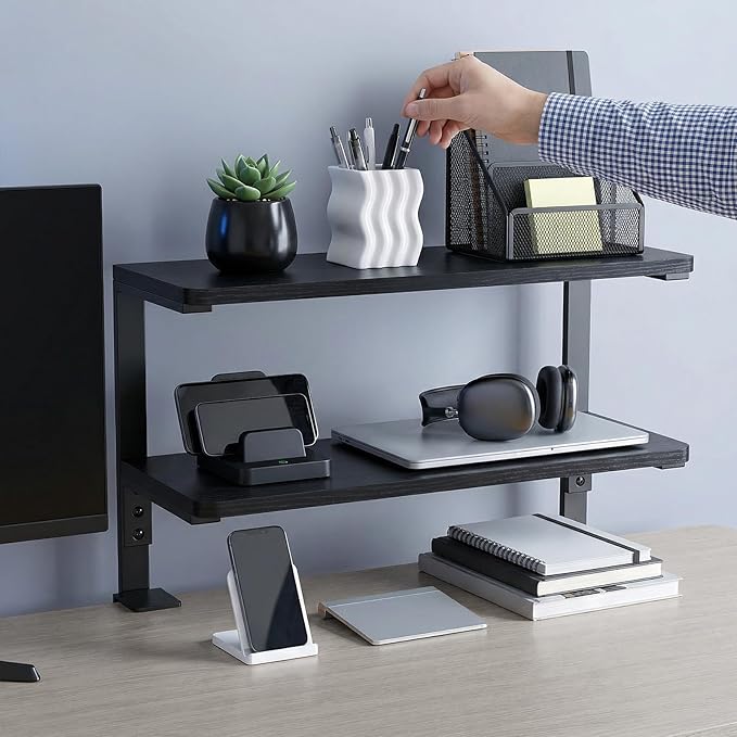 2-Tier Desk Extender, 22-inch Clamp-On Desk Shelf, Height-Adjustable Desktop - Image 2