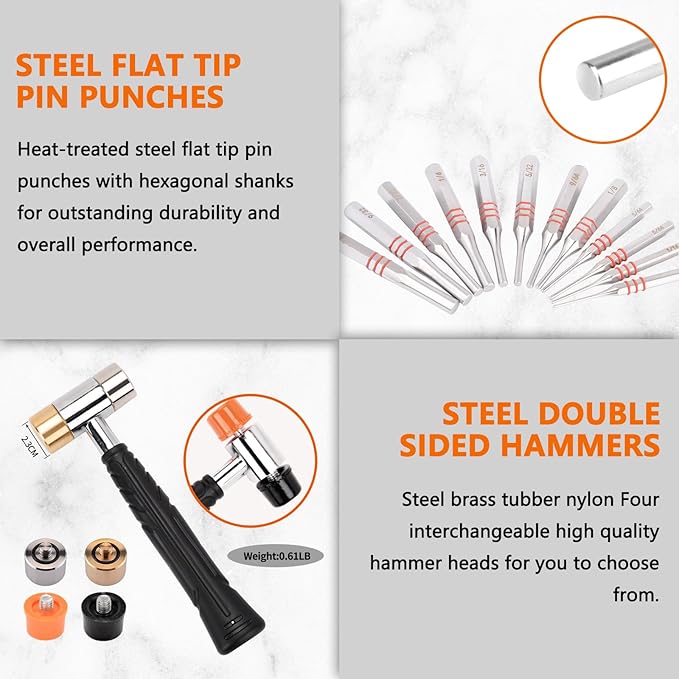 Pridefend Punch Set, Roll Pin Punch Set Made of Solid Material,Including Steel Pin Punch Set, Roll Pin Starter Punch and Hammer,with Organizer Storage Box (with Bench Block)