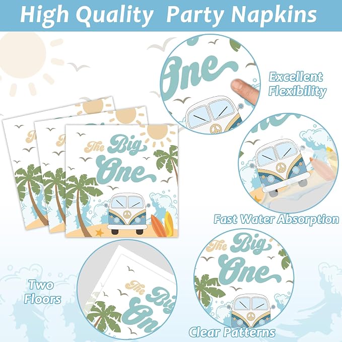 200pcs Summer Beach The Big One Party Plates Napkins Boy Surfing First Birthday - Image 4