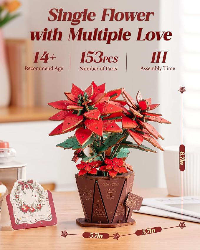 Rowood 3D Puzzles for Adults, Poinsettia Building Set Craft Kit, Artificial - Image 3