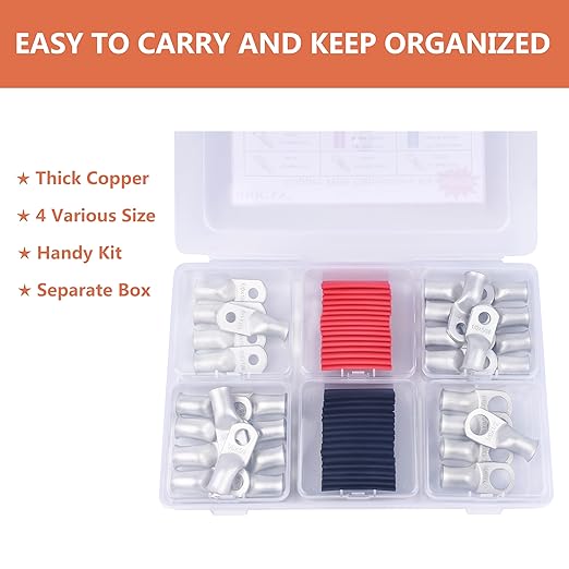 62PCS 1/0 AWG Tinned Ring Terminal Heat Shrink Tubing Set Copper Wire Lugs 0 Gauge 5/16", 3/8", 1/4", 1/2", 30Pcs Battery Cable Ends and 32PCS Heat Shrink Tubing