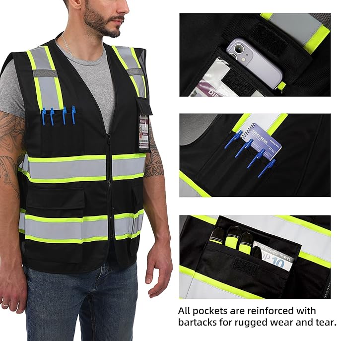 Dib Safety Reflective Vest High Visibility with Pockets and Zipper, Black with Yellow Trim M