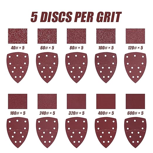 50PCS Mouse Detail Sander Sandpaper Hook and Loop 11-Holes Triangular Sanding Sheets for Mouse Sanders - Mixed Grits Coarse to Fine 40/60/80/100/120/180/240/320/400/600 Grits