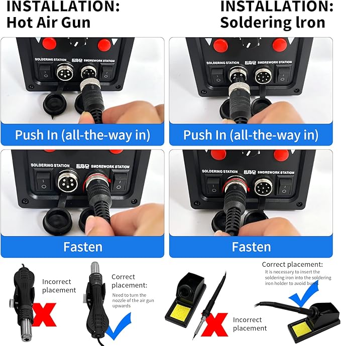 8586D Hot Air Soldering Iron Station Kit 2-IN-1 for Rework, Desoldering with Lead-Free Solder Wire, 5 Soldering Tips, 3 Hot Air Nozzles, Tweezers, Desoldering Pump。