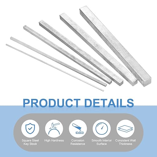 uxcell 4 Pcs Square Steel Key Stock, 3/16" x 3/16" x 12" Cold-Drawn 45# Steel Bars Precision Key Stock for Gearbox Coupling, Silver Tone