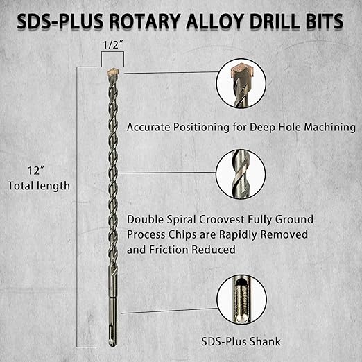 Direko SDS Plus Rotary Hammer Drill Bits 5-Piece Carbide-Tipped for Masonry，Concrete,Brick Granite etc (HD-A1/2 x12-5)