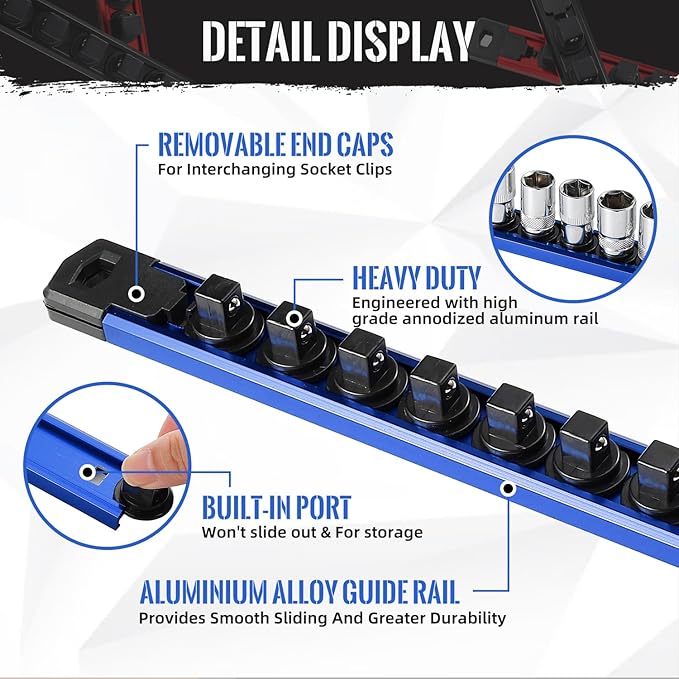 Magnetic Socket Organizer, 6-Piece Heavty Duty Aluminum Socket Holder, Socket Rail for Tool Box, Premium Quality 360° Swivel Socket Rack with 80 Clips for 1/2, 3/8, 1/4-Inch(Blue&Green)
