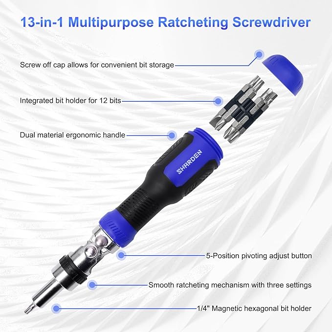 SHARDEN Ratchet Screwdriver 13-in-1 Multi Screwdriver Tool All in One Ratcheting Screwdriver Set with Phillips, Flat Head, Torx, Hex, Square, 180 Degree Pivoting Adjustable Angle Screw Driversets Set