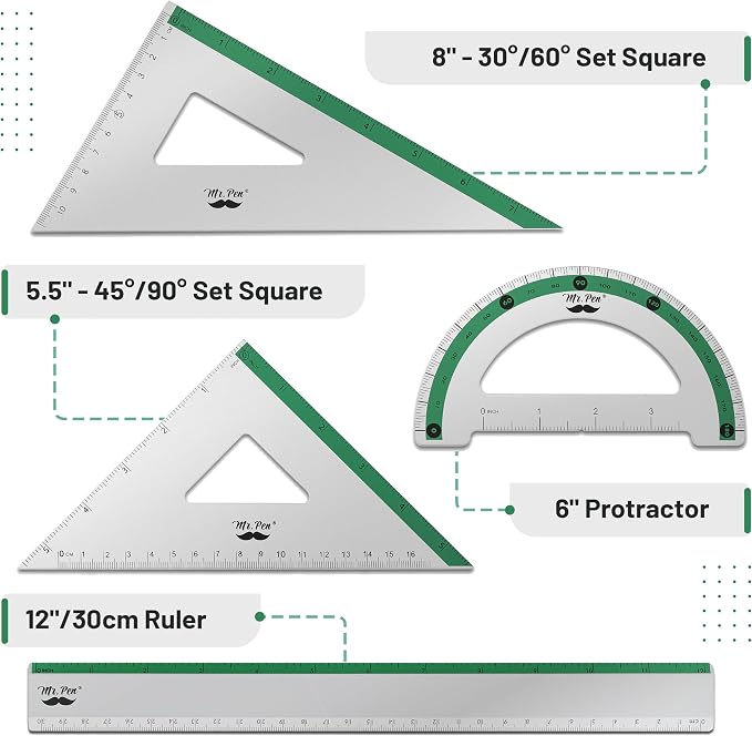 Mr. Pen- Metal Geometry Kit, 4 Pack, 45° & 30°/60° Set Squares | 6" Protractor - Image 2