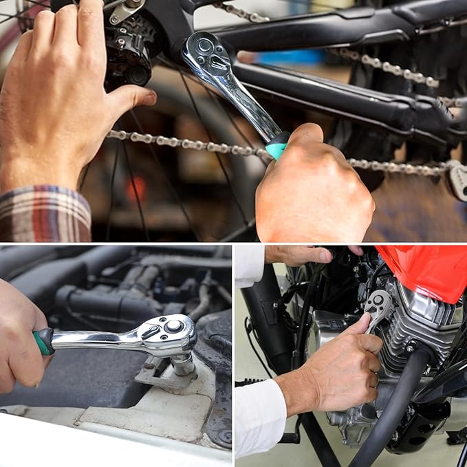 3/8 Inch Drive Ratchet, 72-Tooth Reversible, Quick Release Ratchet Wrench, w/ 10pcs Metric Sockets (8mm-21mm) and Extension Bar, CR-V Steel