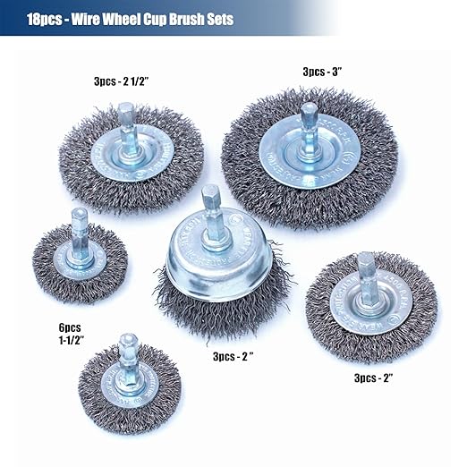 HOYIN 18PC Wire Wheel Cup Brush Set | Coarse Crimped Carbon Steel | 1/4" Hex Shank | 3PACK of 6 Pieces | Ideal for Drills