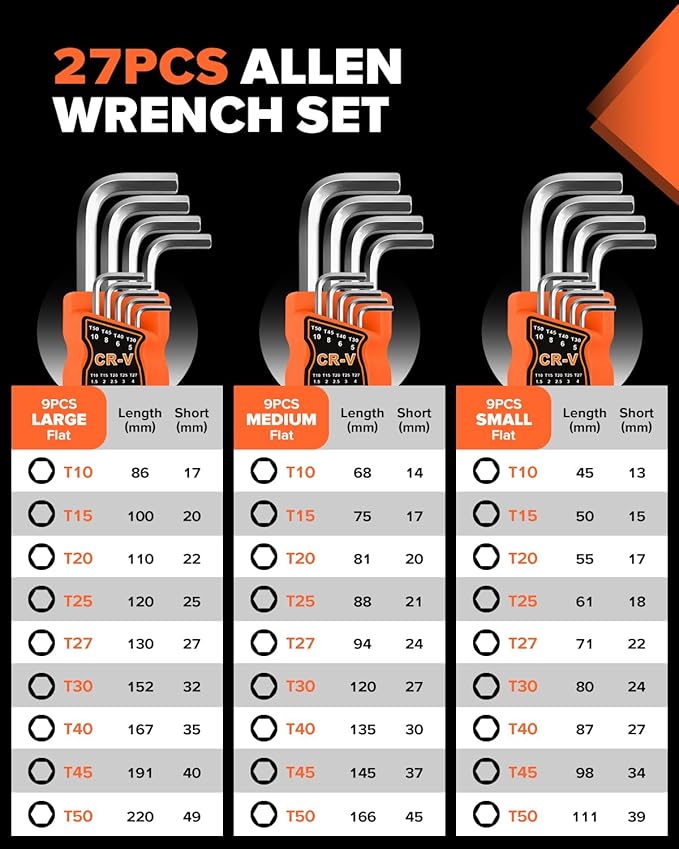 27pcs Allen Wrench Set - Long Arm SAE & Metric Torx Star Ball End Hex Key Set