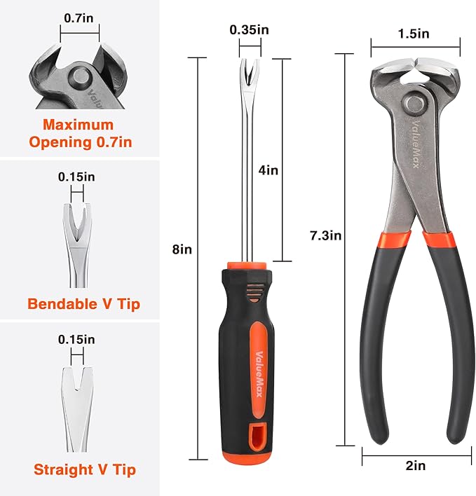 VALUEMAX 3Pcs Nail Puller and Staple Remover Tool, Include 7" End Cutting Pliers, 8" Bendable and Straight V Tip Staple Puller, Upholstery Tools for Cutting Wires, Removing Nails and Staples