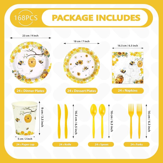 168 Pcs Bee Birthday Party Decoration, Serves 24 | Bumble Bee Plate Napkin Cup - Image 2