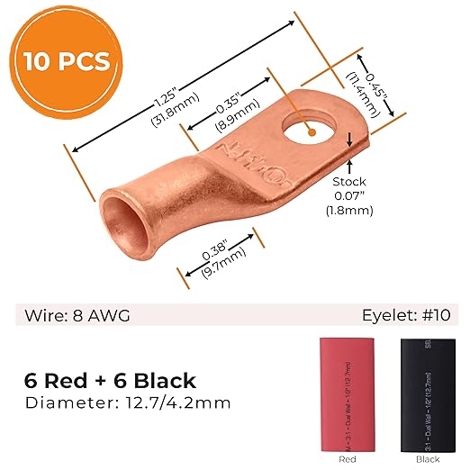 SELTERM 10pcs - 8 Awg - #10 Stud - Battery Lugs - Ring Terminal Connectors | with 12pcs 3:1 Black & Red Heat Shrink Tubing with Adhesive | Heavy Duty Battery Cable Ends - Bare Copper Wire Lugs Kit