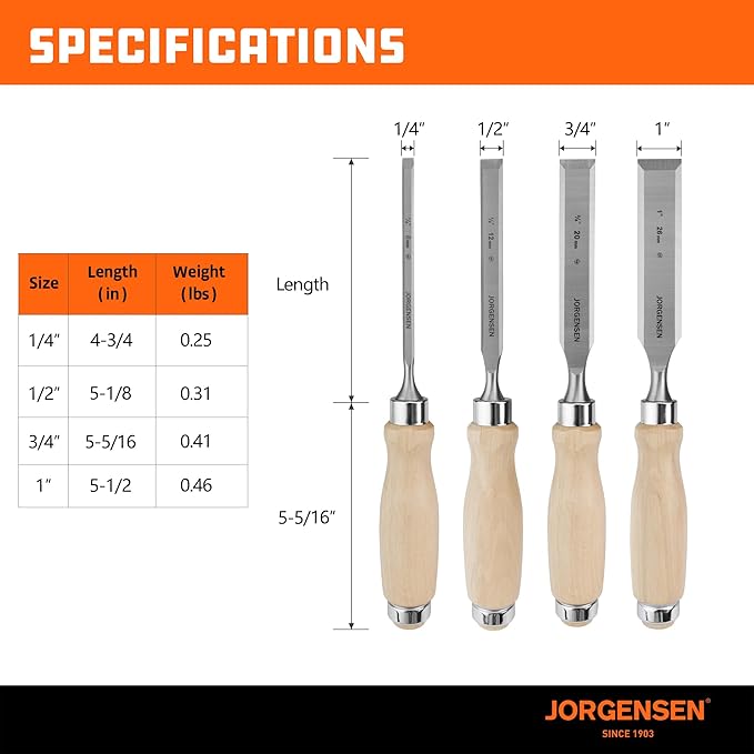 Jorgensen 4-Piece Wood Chisel Set, Chromium Alloy Steel Beveled Edge Wood Chisels, Wood Chisels for Woodworking, Ergonomic Hardwood Handle with Metal Ferrule, 1/4", 1/2", 3/4", 1"