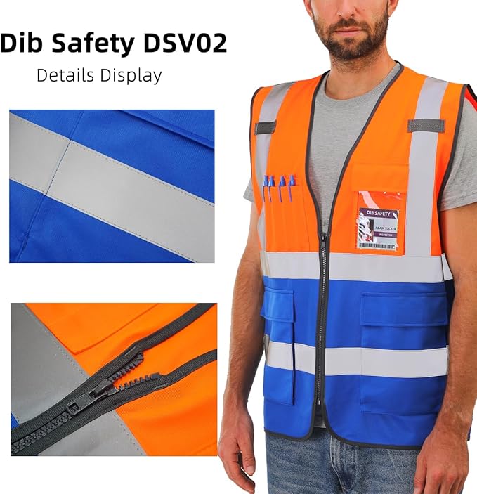 Dib Safety Reflective Vest High Visibility with Pockets and Zipper, Orange and Blue M