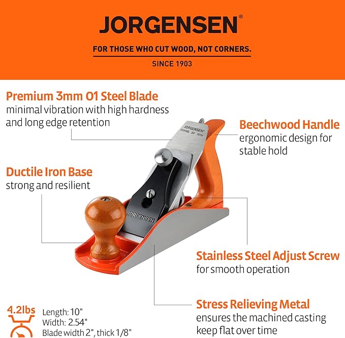 JORGENSEN No.4 10" Wood Planer, Hand Planer for Woodworking, Hand Plane, Wood Plane, Jack Plane for Trimming, Craft - Professional Smoothing Plane with Ductile Iron Body, Adjustable Cutting Depth