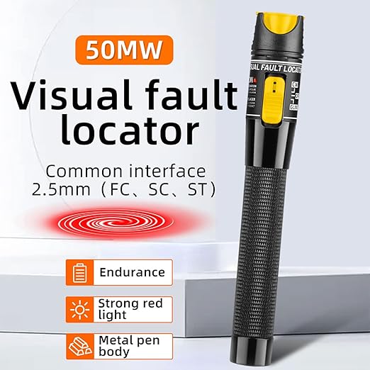 Fiber Optic Cable Troubleshoot Kit - Visual Fault Locator & 2pcs Fiber Cleaners Pens & 1pc FC to LC Adapter & 1pc LC, SC, ST, FC Coupler & 3 Short Patch Cords (Mode Number: VFL-50)