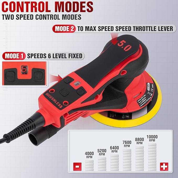 Autolock Electric Random Orbital Sander, 350W Brushless Motor with 5 & 6 Inch Pads, 10000RPM Palm Sander for Woodworking, Sanding and Polishing (Red)