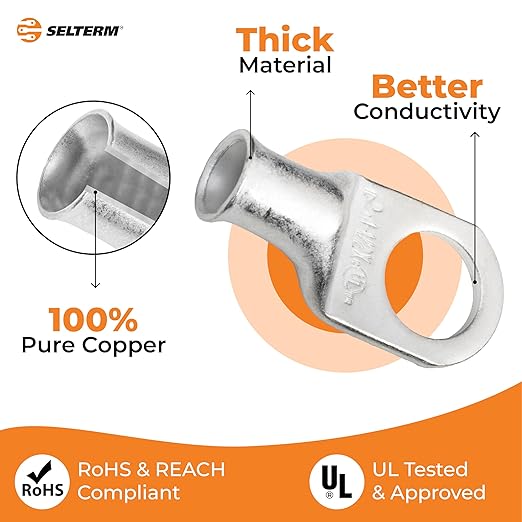 SELTERM 2pcs 4 AWG-1/2 Stud Tinned Copper Wire Lugs, Heavy Duty Battery Cable Ends,4 Guage Ring Terminals, UL Battery Lugs Marine Grade Copper Eyelets Electrical Battery Terminal Connectors