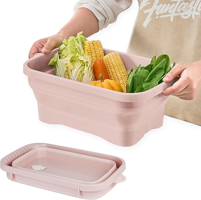Collapsible Dish Pans, 2Gal (7.5L) Capacity, Plastic Dish Tub Dishpan for Kitchen Sink with Drainage Hole, Foldable Small Wash Basin for Kitchen, Camping, Travel (Pink)