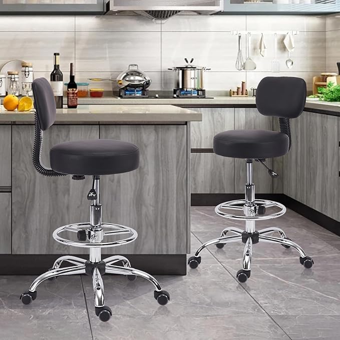 Drafting Stool Chair with Back, Adjustable Foot Rest Backrest Swivel Rolling Stool, Multi-Purpose Office Desk Chair, Thickened Seat for Home Bar Spa Kitchen Shop 2pack