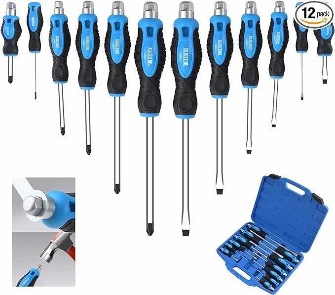 12-Piece Magnetic Screwdriver Set, Heavy Duty Screwdriver Set Go-Thru Steel Blades, High Torque 6 Phillips & 6 Flat Head Tips Screwdrivers Set with Case