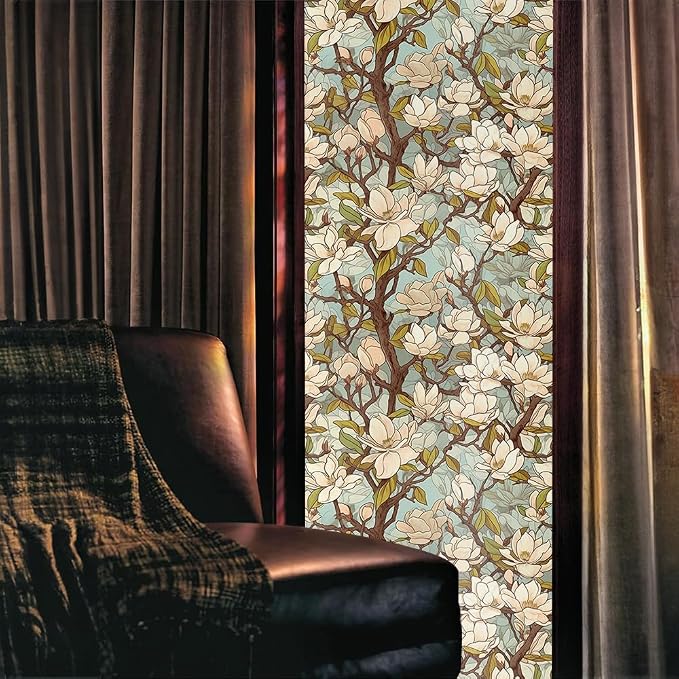White Magnolia Floral Tree Light Blule Window Films Decorative Double-Side - Image 2