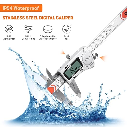HARDELL Digital Caliper, IP54 Waterproof Caliper Measuring Tool with 3-Batteries & Extra Cover, All Stainless Steel Vernier Caliper Digital Micrometer, Inch/MM/Fraction for DIY/Household/3D-printing