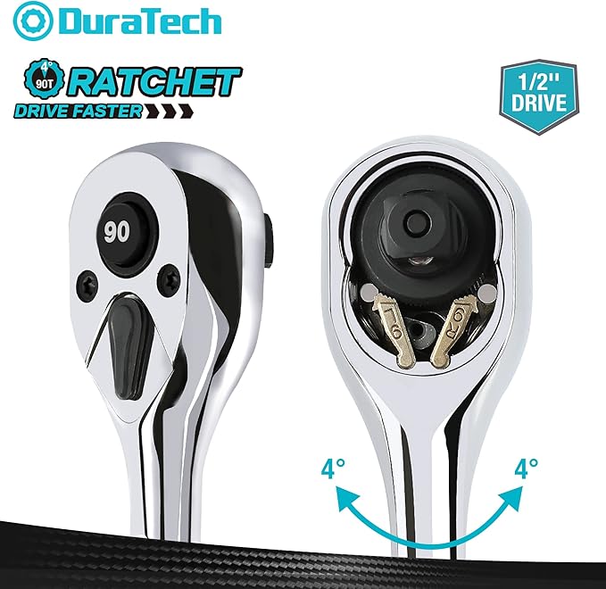 DURATECH 1/2-Inch Drive Ratchet, 90-Tooth Quick-release Ratchet Wrench, Reversible, Chrome Alloy Made, Full Polished, Stocking Stuffers for Men Women Gifts for Men Gifts for Women Gifts for Dad
