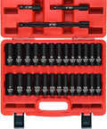 29 Pieces 1/2" Socket Set, Drive Deep Impact Socket Set with 3", 5", 10" Extension Bars, 6 Point SAE and Metric (3/8"-1", 10mm-24mm), Cr-V Steel