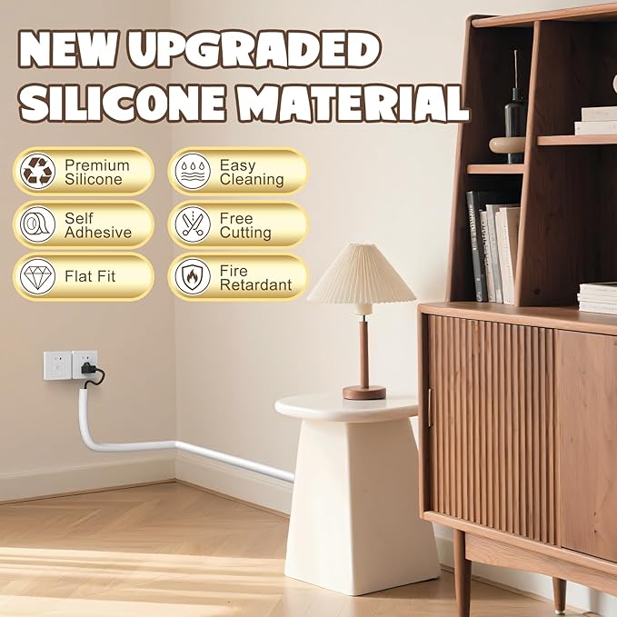 196 Inch Wall Cord Hider, Silicone Self Adhesive Cable Hider Cord Cover, Flexible Wire Covers for Cords Cable Cover Cable Concealer for Wires W0.59” H0.39” White (White, 196 inch)
