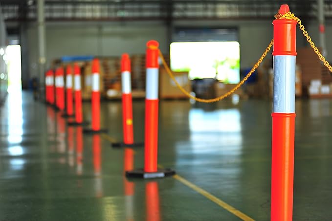 CJ Safety 44" Orange PE Delineator Post Cone, 44" Height Post, 10 lbs Recycled Rubber Black Base, 10" Reflective Band (Set of 6)