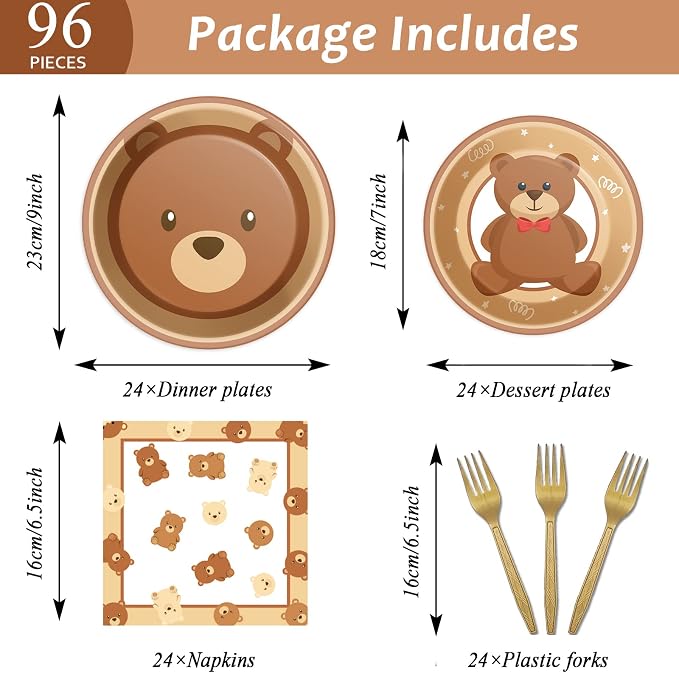 96 Pcs Bear Baby Shower Party Plates Decorations We Can Bearly Wait Baby - Image 2