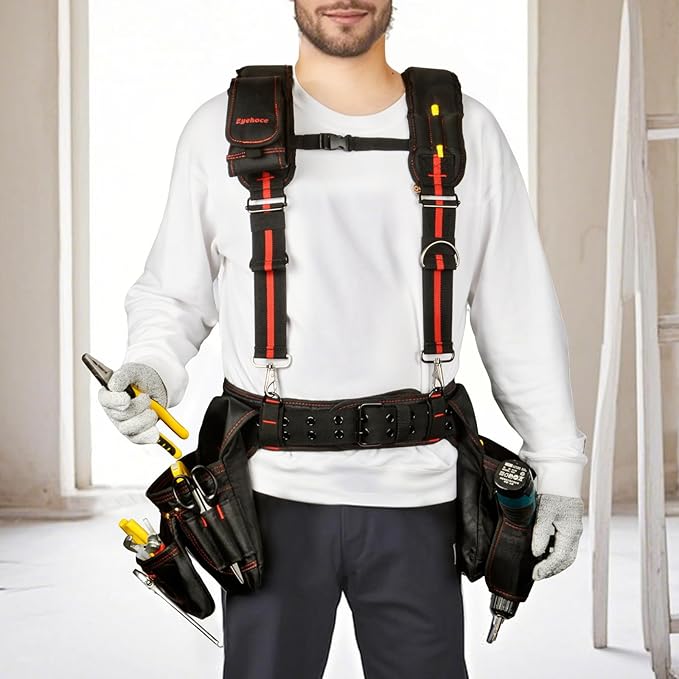 Heavy Duty Tool Belt Suspenders – Adjustable X-Back Padded Shoulder Harness with Universal Hooks – Tactical Work Suspenders for Electricians, Carpenters, Construction