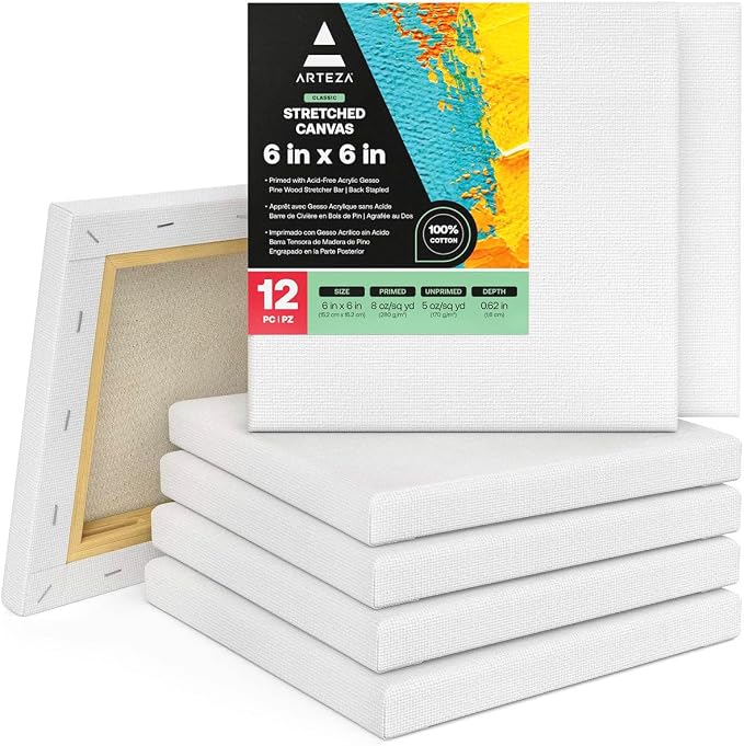 ARTEZA Stretched Canvas, 6 x 6 Inches, Blank White Square Canvas by ARTEZA
