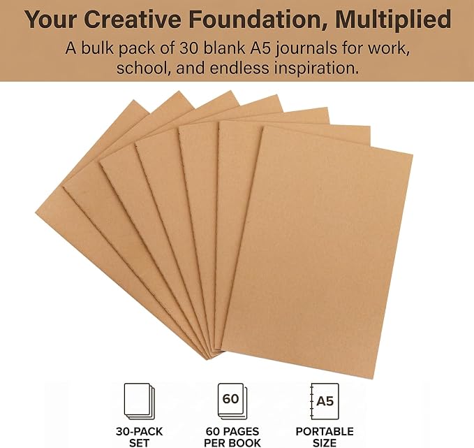 Nicunom 30 Pack A5 Kraft Notebooks, Bulk Blank Journals - Image 3